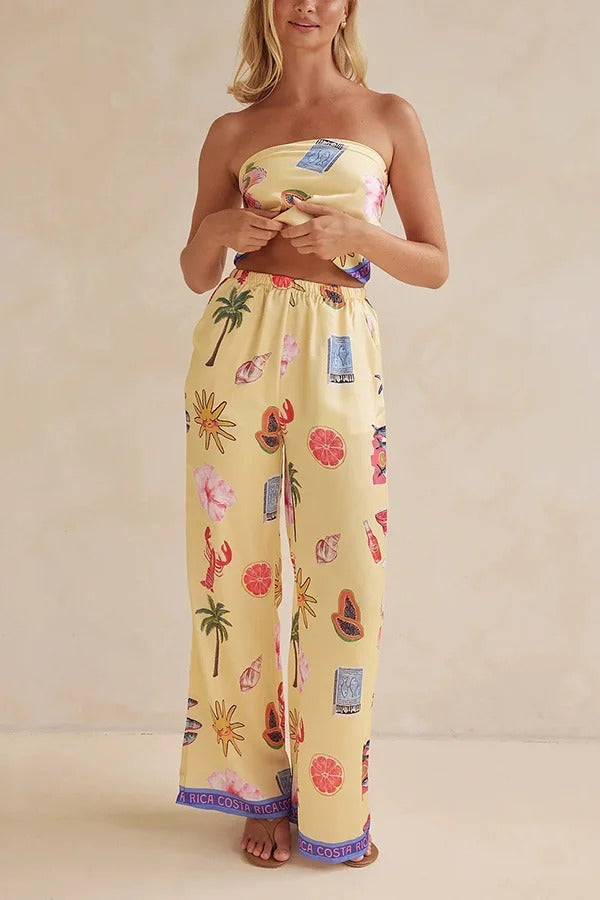 Linen Blend Unique Printed Bandeau Top and Elastic Waist Pocket Pants Set