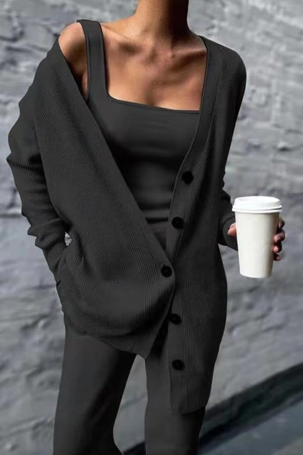Long Sleeve Solid Color Knit Three Piece Set Black