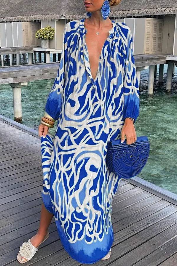 Colorful Abstract Print Loose Vacation Shirt Maxi Dress