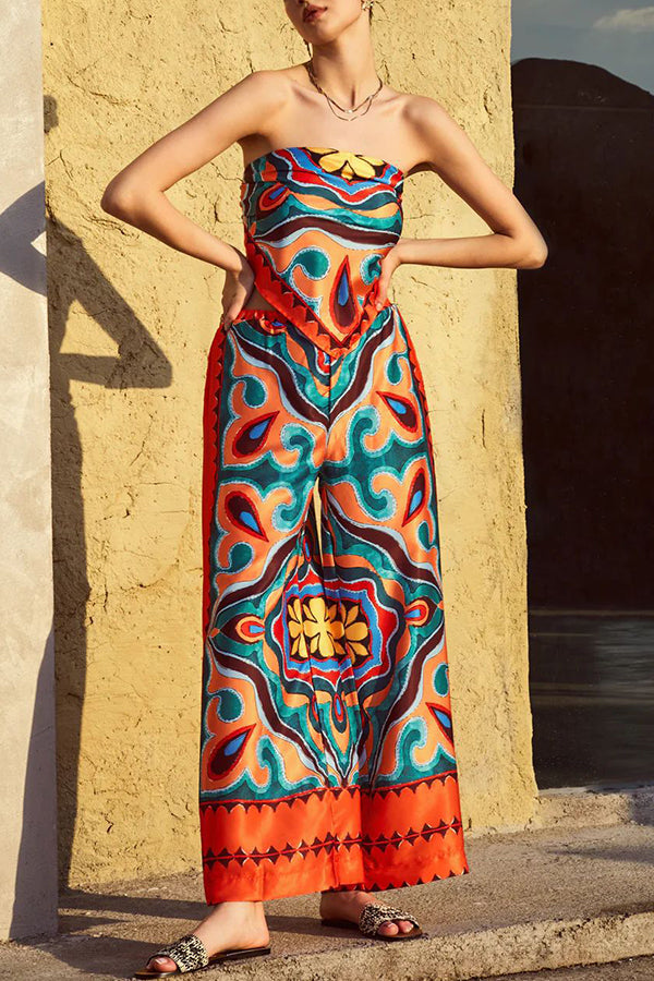 Ethnic Style Unique Print Tube Top and Elastic Waist Casual Pocket Wide Leg Pants Set Orange