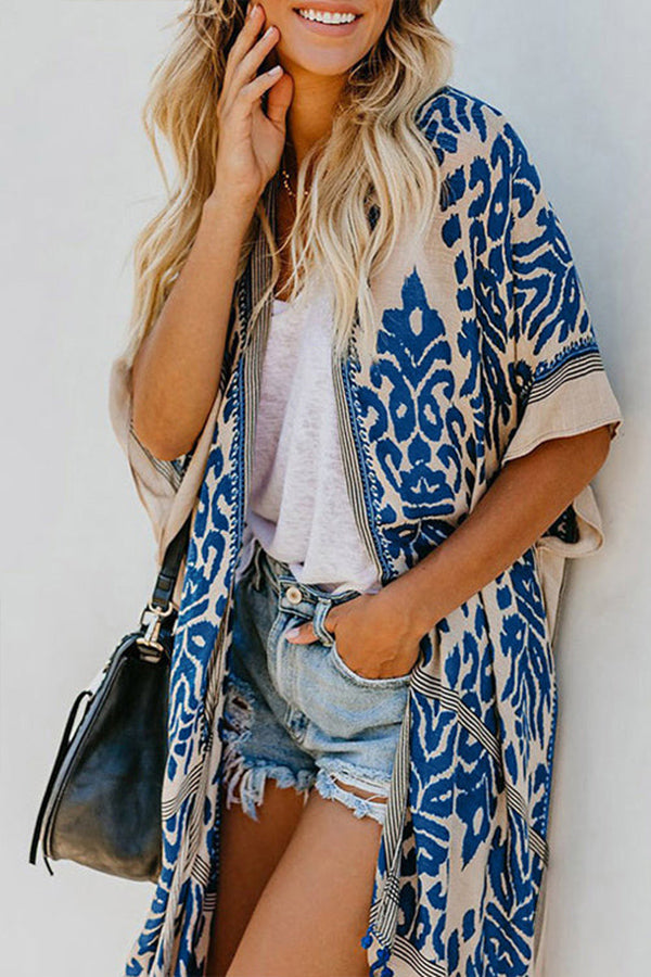 SEASIDE RETREAT BOHO PRINT KIMONO - 4 COLORS Blue One Size