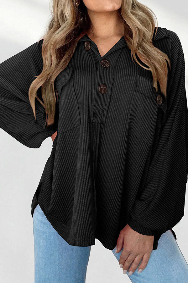 Lapel Knit Long Sleeve Top Black