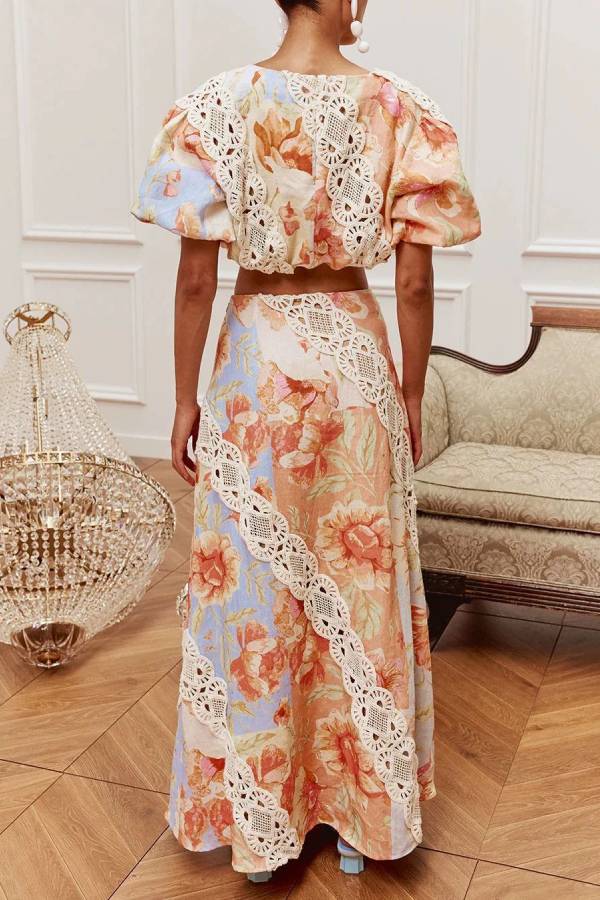 Vintage Floral Linen Crop Top & Lace Trim Maxi Skirt Set