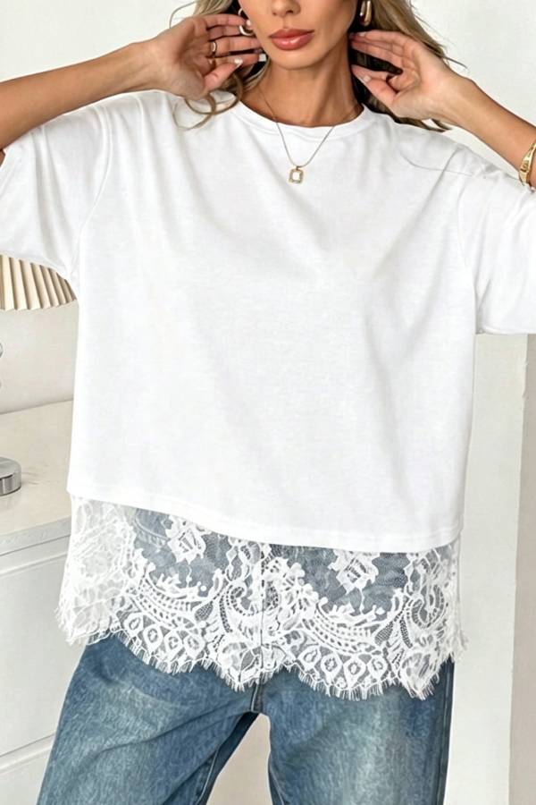 Casual Fake‑Two‑Piece Lace Hem Short Sleeve T‑Shirt