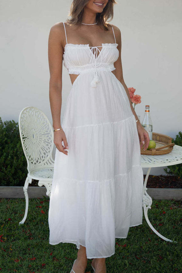 V-neck sleeveless solid color mosaic large swing long dress