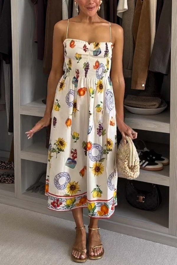 Summer Fruit Print Sling Pleated Vacation Midi Dress