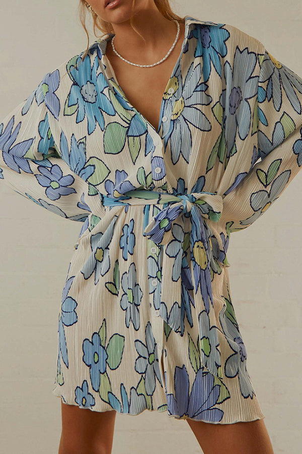 Floral print lace-up lapel cardigan long-sleeve dress Blue