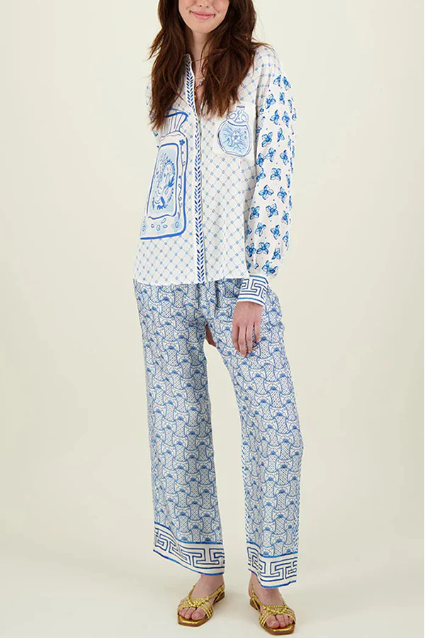 Stylized Dragon Satin Unique Print Long Sleeve Loose Shirt and Elastic Waist Pants Set Black