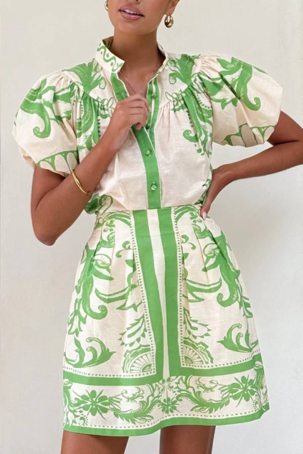 Casual Fashion Puff Sleeve Linen Short Skirt Suit Light Green