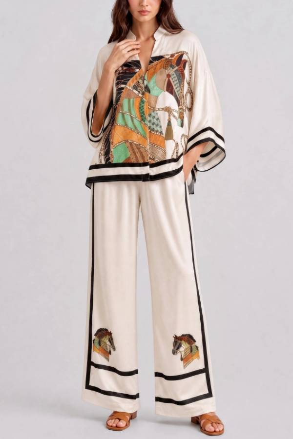 V-Neck Horse Pattern Satin Suit Pants Two-Piece Set