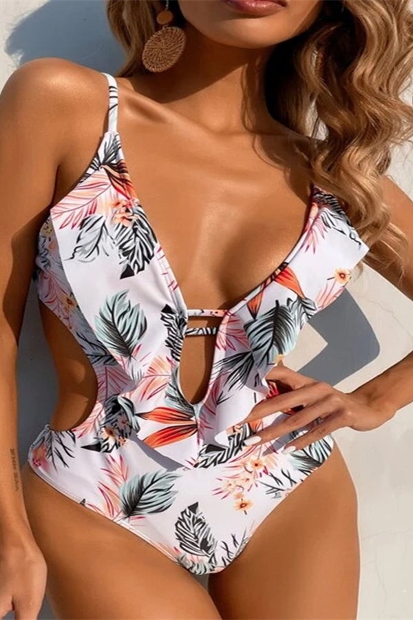 Ruffle Print Waist Cutout One-piece Swimsuit White