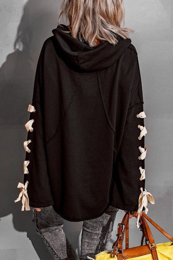 Lace Up Hooded Dolman Sleeve Hoodie