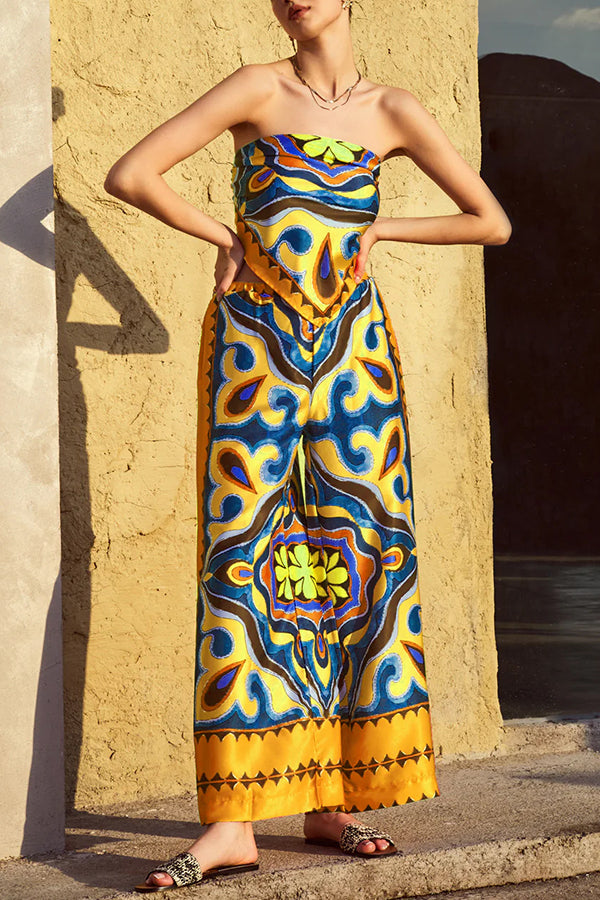 Ethnic Style Unique Print Tube Top and Elastic Waist Casual Pocket Wide Leg Pants Set Yellow