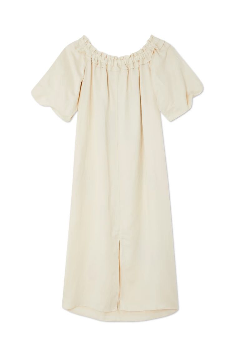 Sunveil Linen Blend Unique Print Puff Sleeve Pocket Strapless Maxi Dress