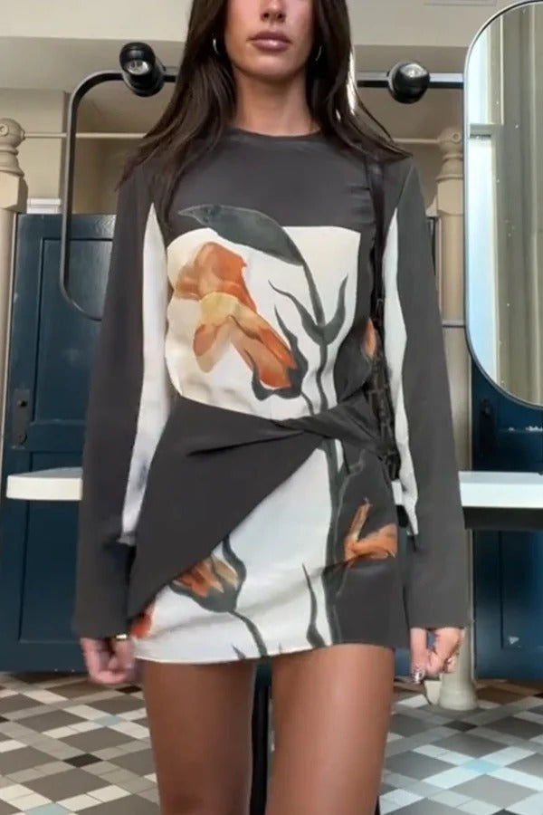 Constance Floral Print Twist Waist Long Sleeve Lightweight Mini Dress Ash