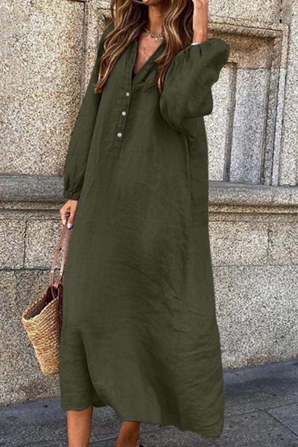 Cotton linen solid color long-sleeved V-neck button long jumpsuit Green