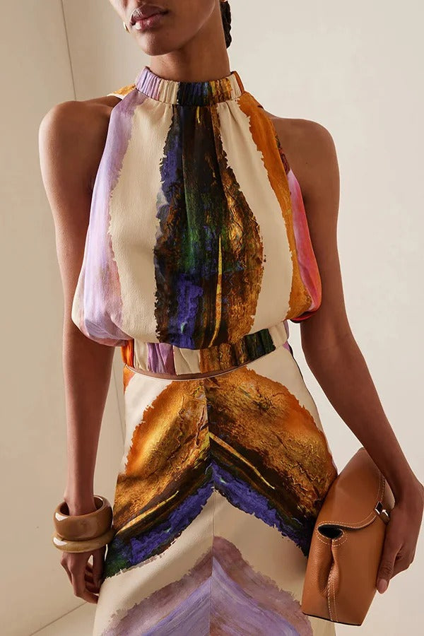 Unique Print Sleeveless Stretch Stand Collar Top and Elegant Maxi Skirt Set