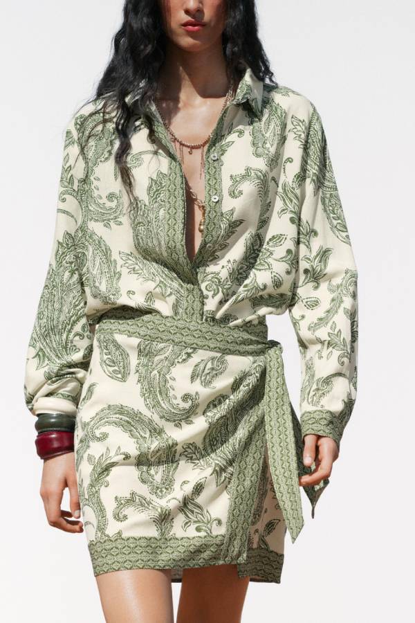 Blend Into Leaves Linen Blend Unique Print Long Sleeve Blouse and Wrap Tie-up Mini Skirt Set