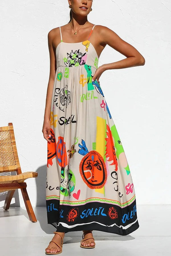 Rosalinda Unique Print Back Tie-up Lightweight Maxi Dress Multicolor