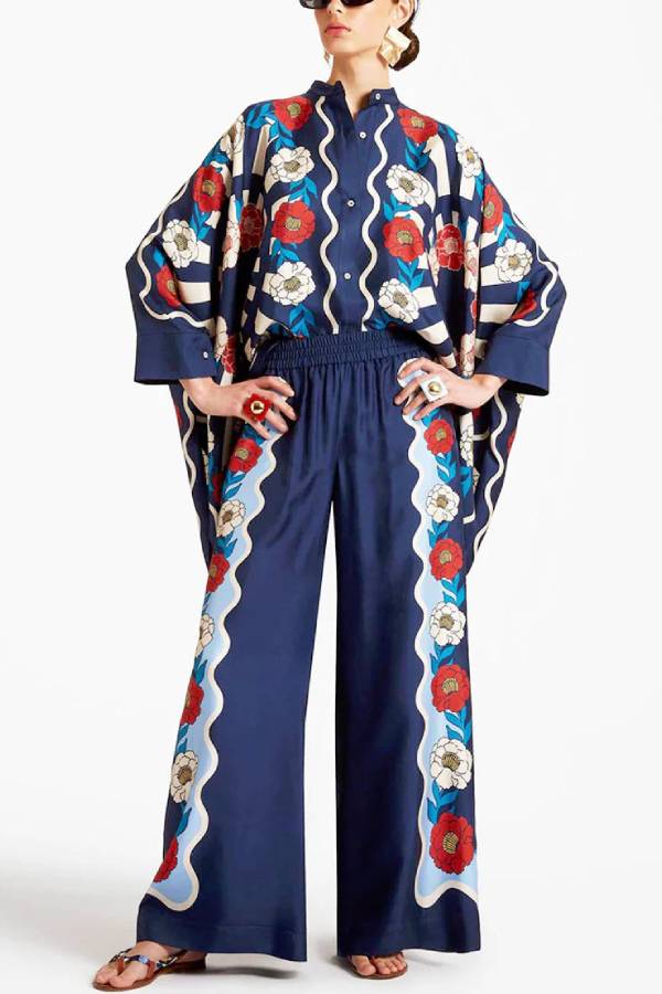 Fine Satin Floral Print Batwing Sleeve Pants Set - Blue Blue One Size