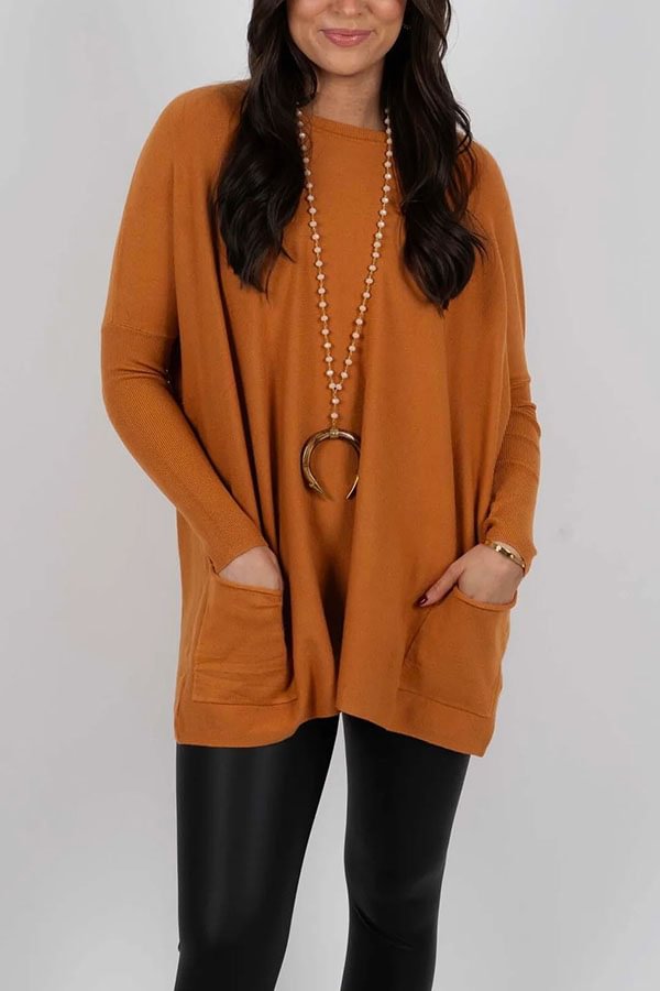 Winter Melodies Knit Crew Neck Front Pockets Oversized Sweater Orange