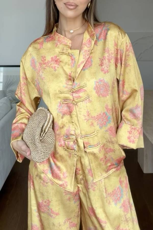 New Chinese Frog‑Button Floral Print Satin Two‑Piece Set