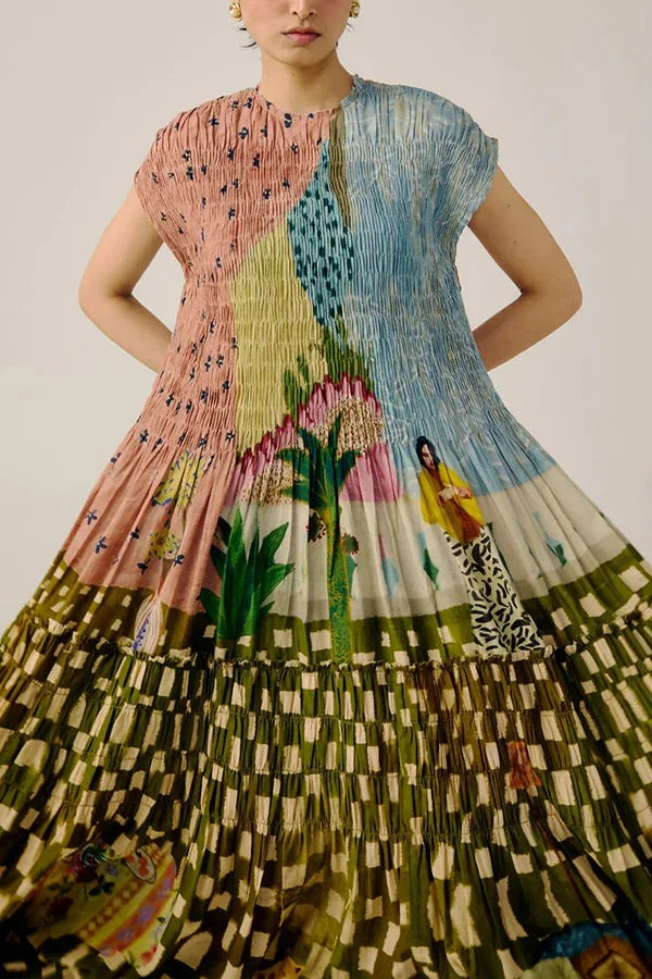 Relaxed and Playful Unique Print Smocked Short Sleeve Flare Maxi Dress