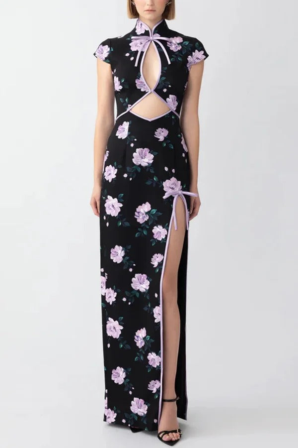 Lavender Flower Print Cutout Bow Details Thigh-high Slit Cheongsam Maxi Dress