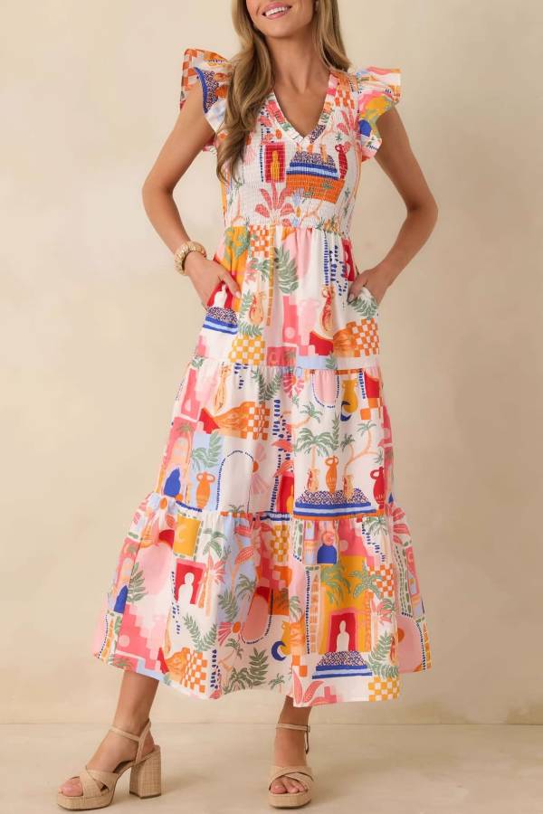 Colorful Print V-Neck Flutter Sleeve Smocked Waist Tiered Maxi Dress