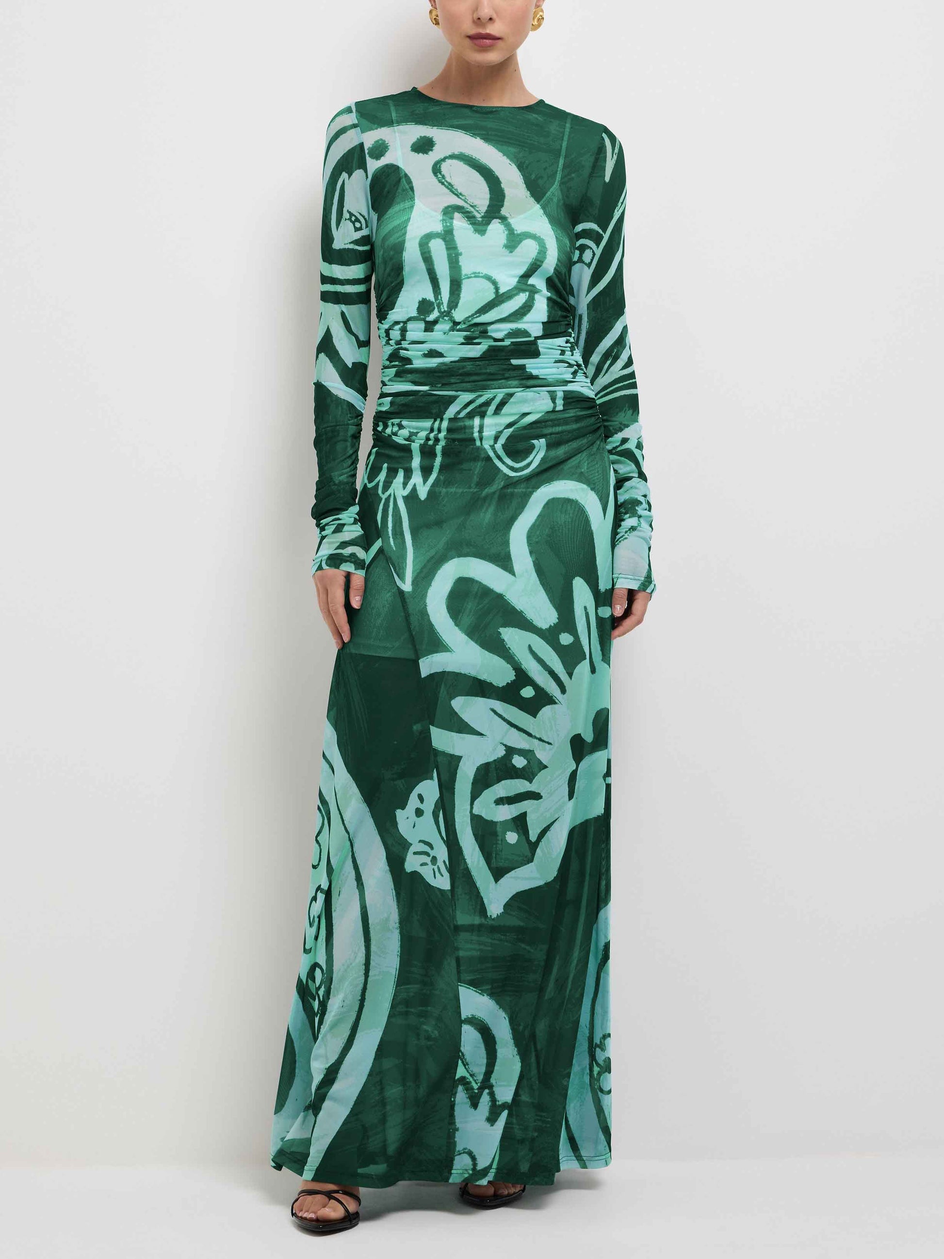 Einzigartiges Maxikleid aus Stretch-Mesh mit abstraktem, auffälligem Print