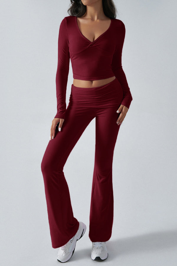 Women's Solid Color Simple Long Sleeve V-Neck Top And Trousers Knit Two-Piece Set Red