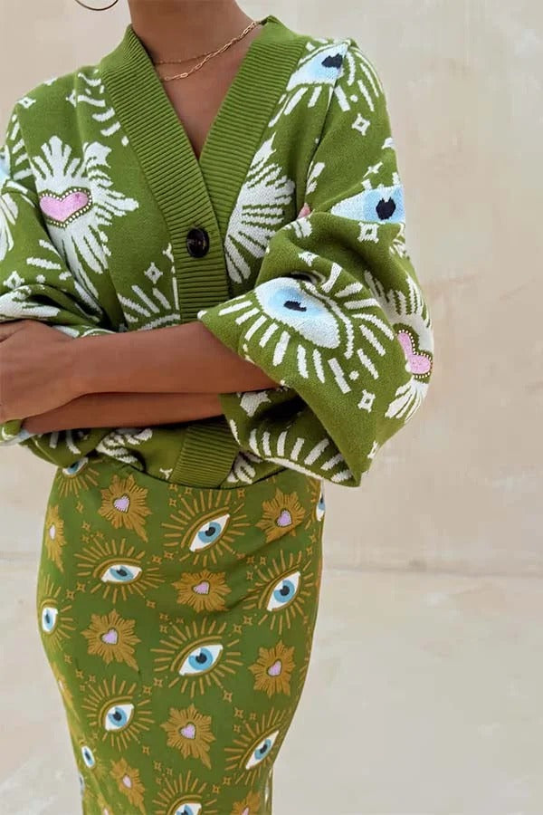 Mysterious Magic Knit Eye Heart Pattern Button Up Long Sleeve Loose Cardigan