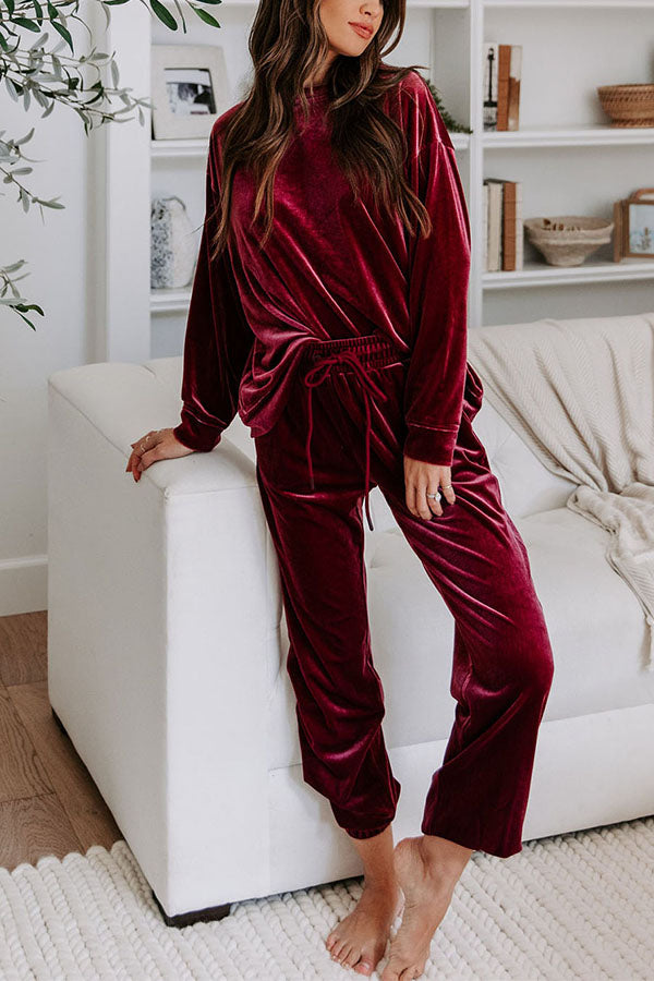 Red Solid Velvet Round Neck Top & Drawstring Pants Longe Set Red