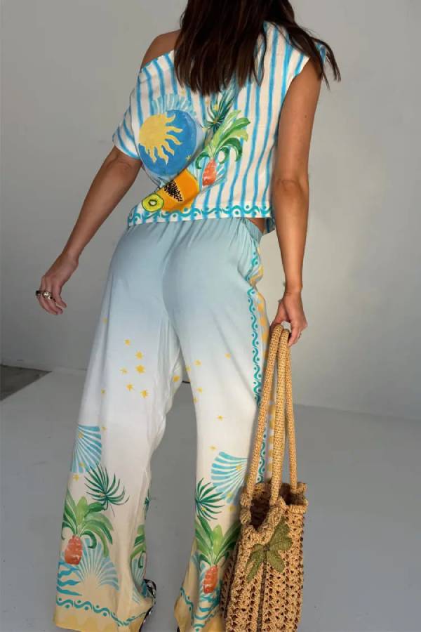 See You in Rio Tropical Fruits Print High Rise Elastic Waist Wide Leg Pants