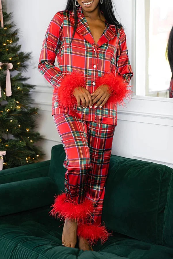 Christmas Besties Party Printed Feather Trim Elastic Waist Pocketed Pajama Set Red