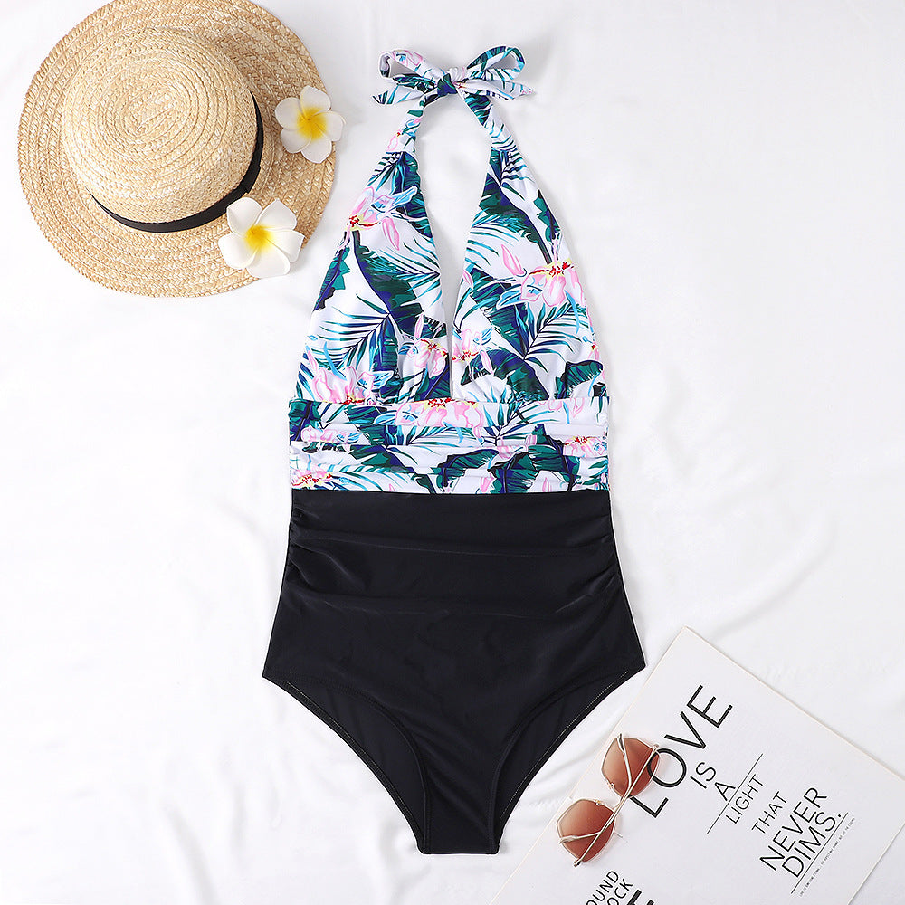 Deep V Open Back Leaf Print One-piece Swimsuit Green