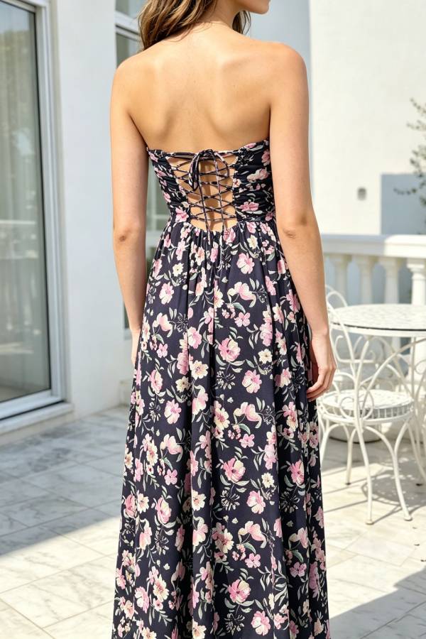Black Floral Print Strapless Tie-Back Chiffon Maxi Dress