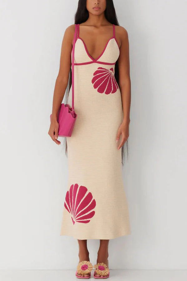 Mermaid Princess Knit Shell Pattern Fishtail Hem Halter Stretch Midi Dress Beige