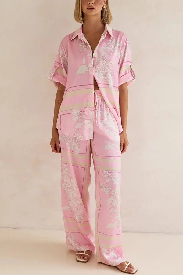 Fashionable Plant Print Loose Lapel Short Sleeve Shirt and Casual Elastic Waist Pocket Pants Set