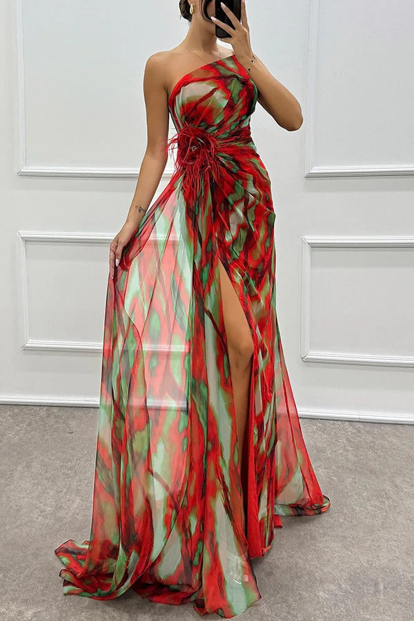 Amazing Views Watercolor Print Feather Rose Detail Off Shoulder Pleated Slit Maxi Dress Red
