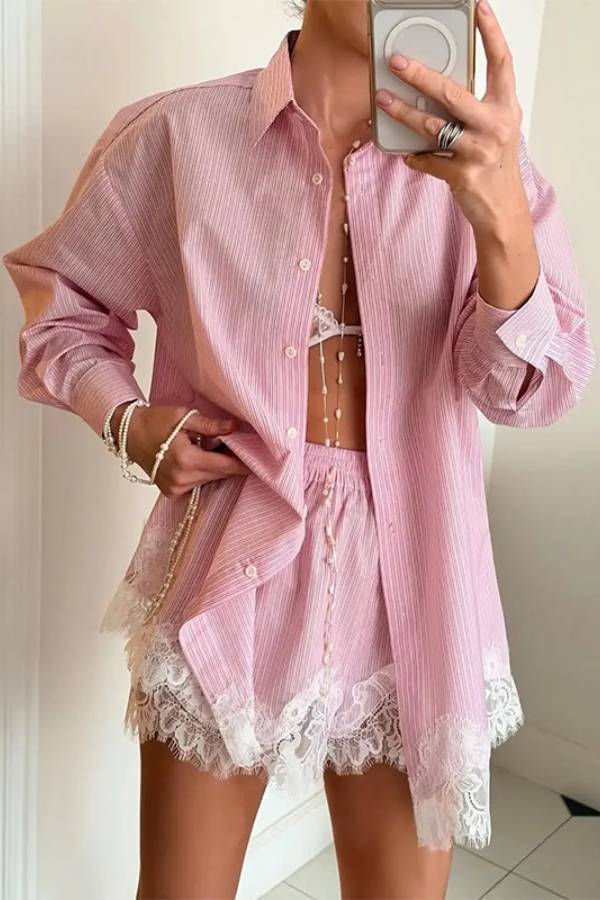 Lace‑Trim Long‑Sleeve Shirt & Shorts Two‑Piece Set
