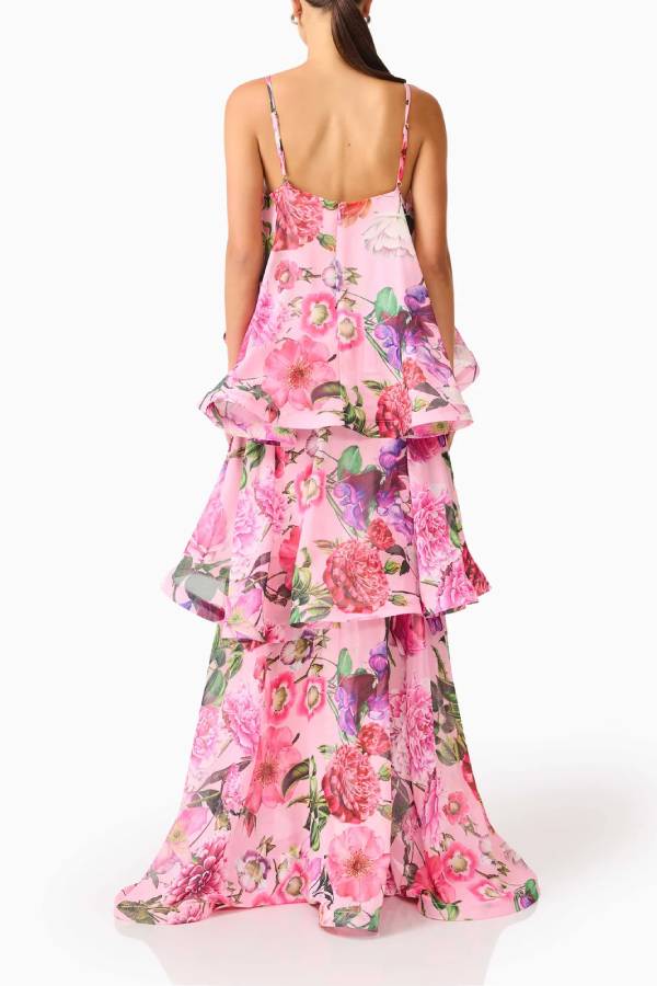 Floral Print Tiered Ruffle Maxi Slip Dress