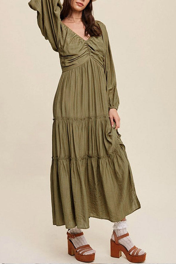 Green V Neck Bowknot Cutout Frill Tiered Maxi Dress