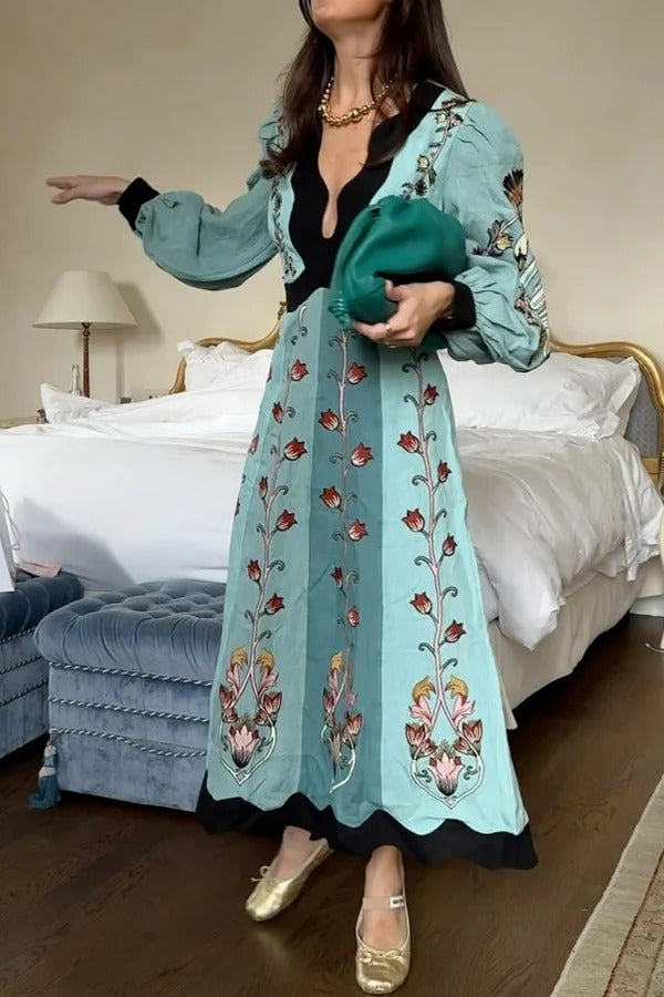 Flowing Beauty Linen Blend Floral Print Balloon Sleeve Open Back Midi Dress