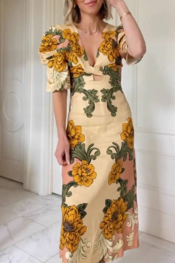 V-Neck Twist Cutout Puff Sleeve Retro Floral Print Midi Dress