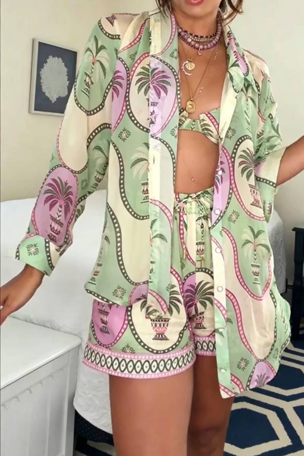 Tropical Style Linen Blend Unique Print Long Sleeve Shirt and Elastic Waist Pocket Shorts Set