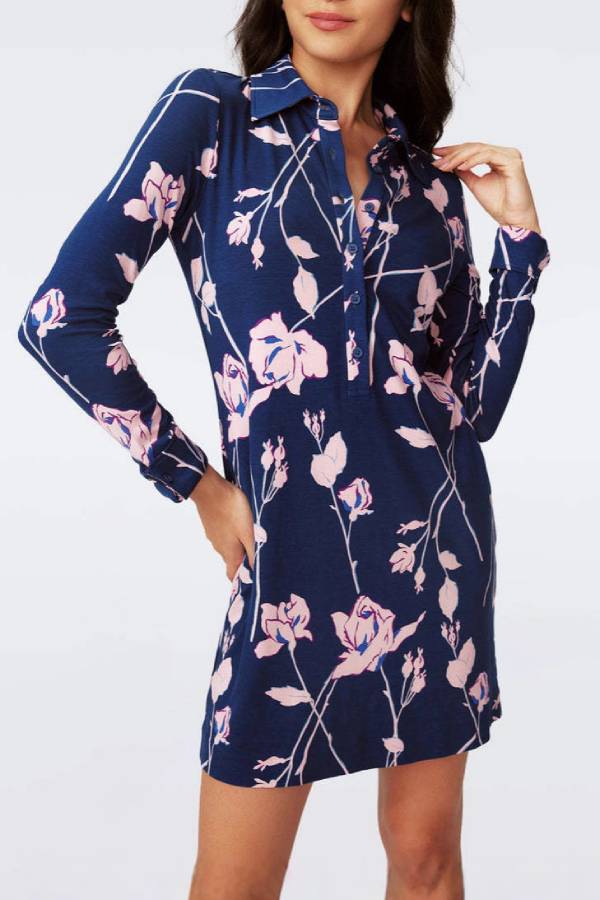 Floral print shirt collar long-sleeved straight dress