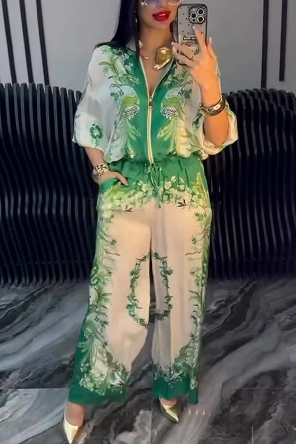 Unique Printed Casual Long-sleeved Loose Top and Elastic Waist Pocket Wide-leg Pants Set