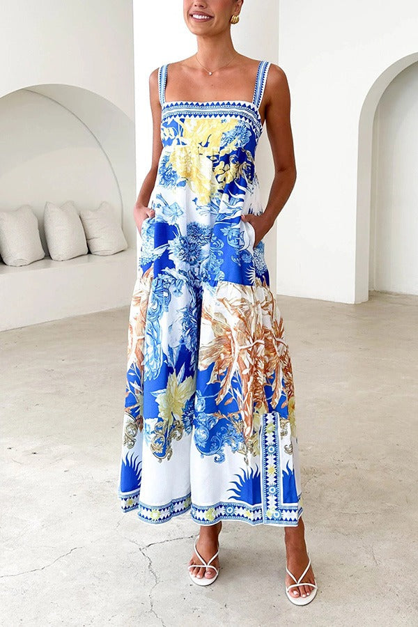 Unique Printed Square Neck Backless Pocket Maxi Dress Blue