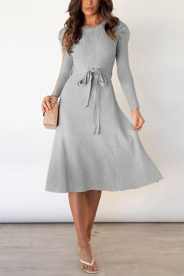 Bubble Long-sleeved Knitted Mid-length Dress Grey